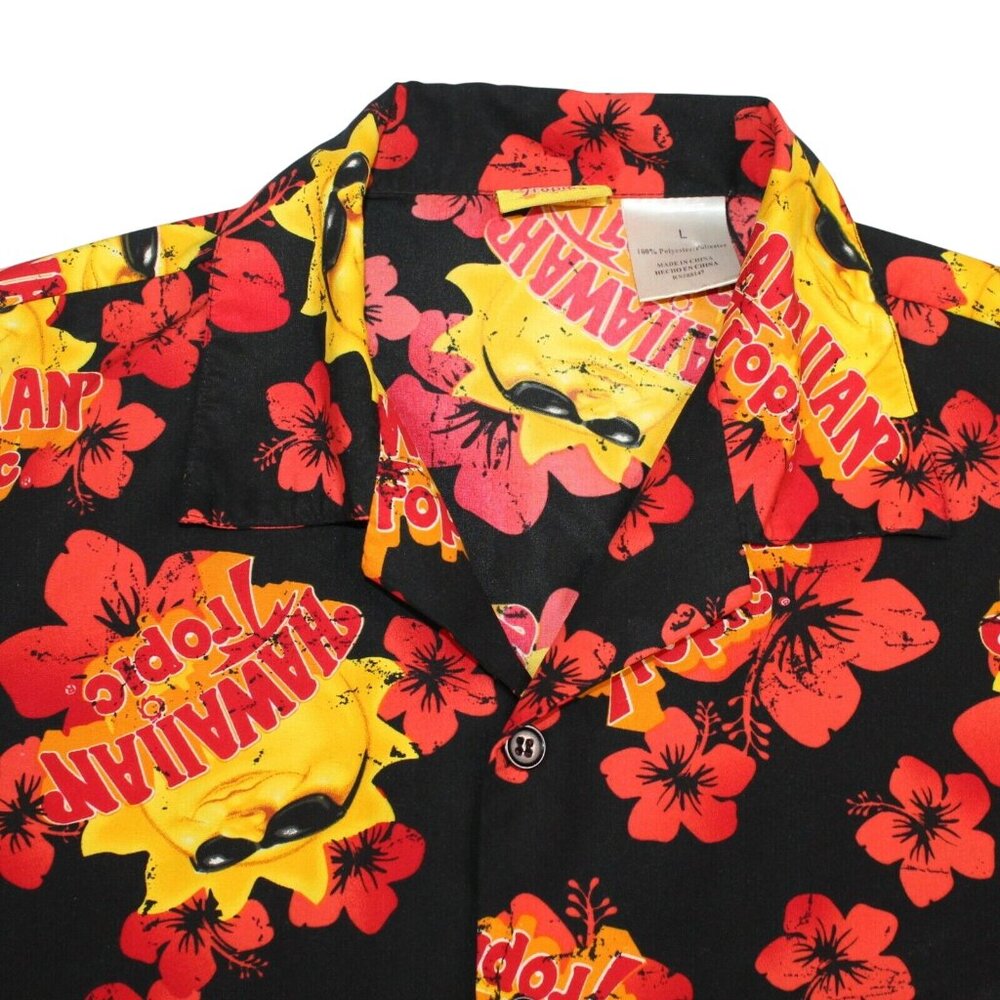 Hawaiian Tropic Large Black Red 100% Polyester Hawaiian Aloha Camp Tiki Shirt - Picture 6 of 7